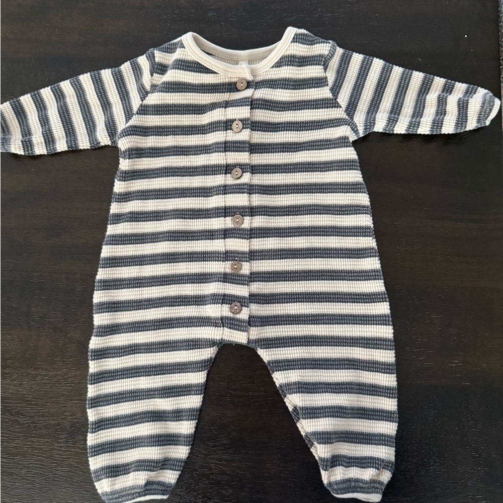 Rylee + Cru Gray and Cream Woven Striped Footie